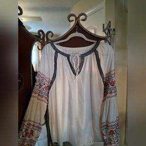 Ruff Hewn Cream Peasant Tunic with Red Embroidery and Navy Trim